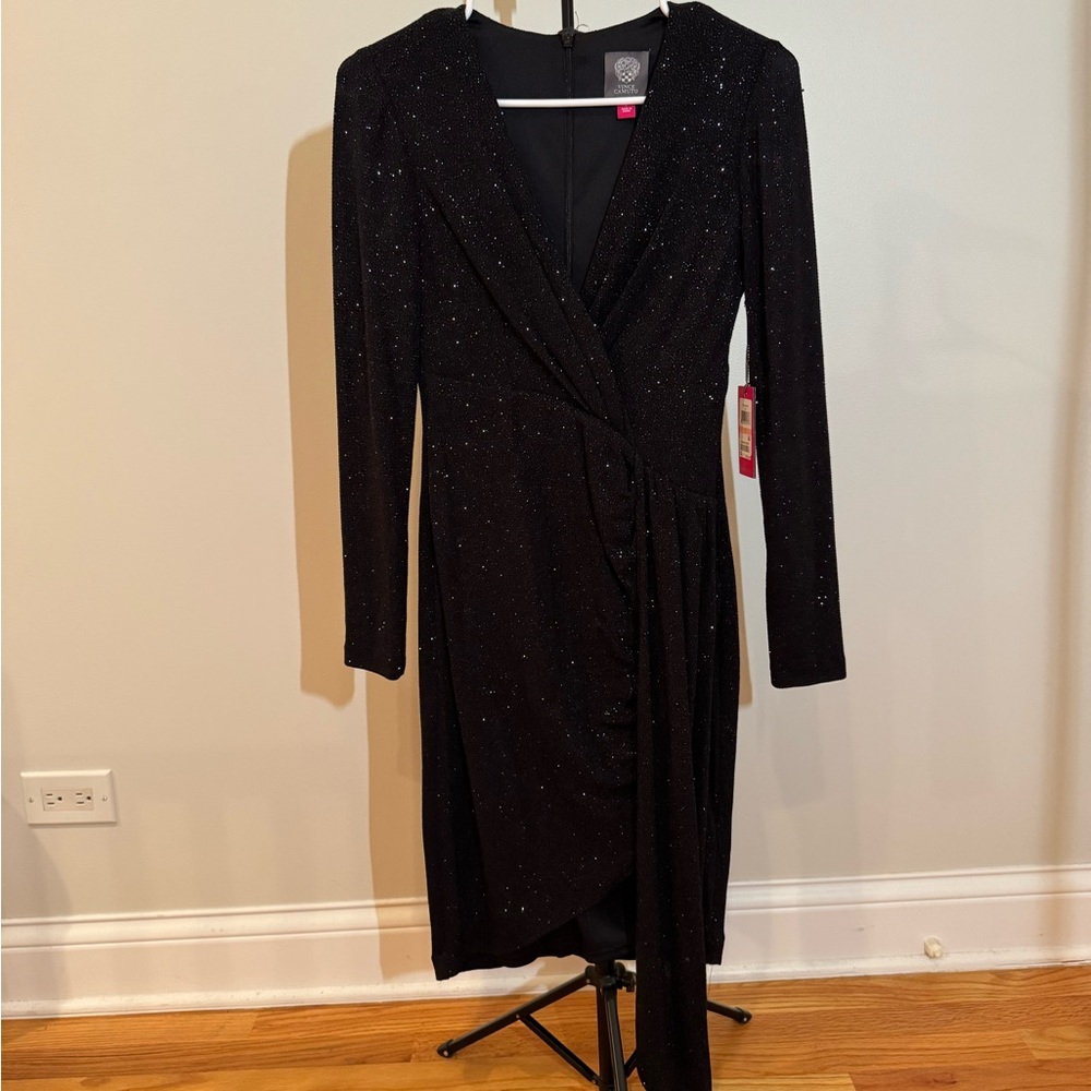 Vince Camuto Black Sparkle Long Sleeve Wrap-Style Dress